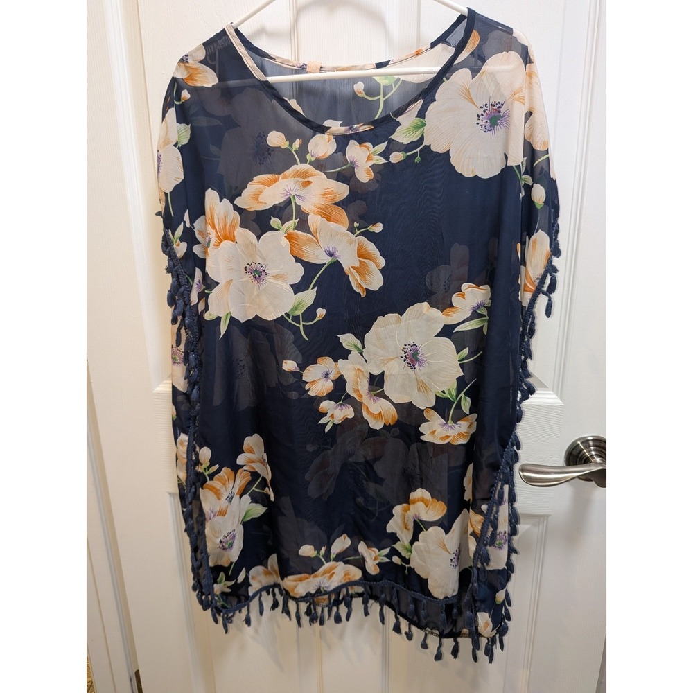 Navy Blue Floral Sheer Tassel Fringe Poncho Beach Coverup OSFM Up to 3X